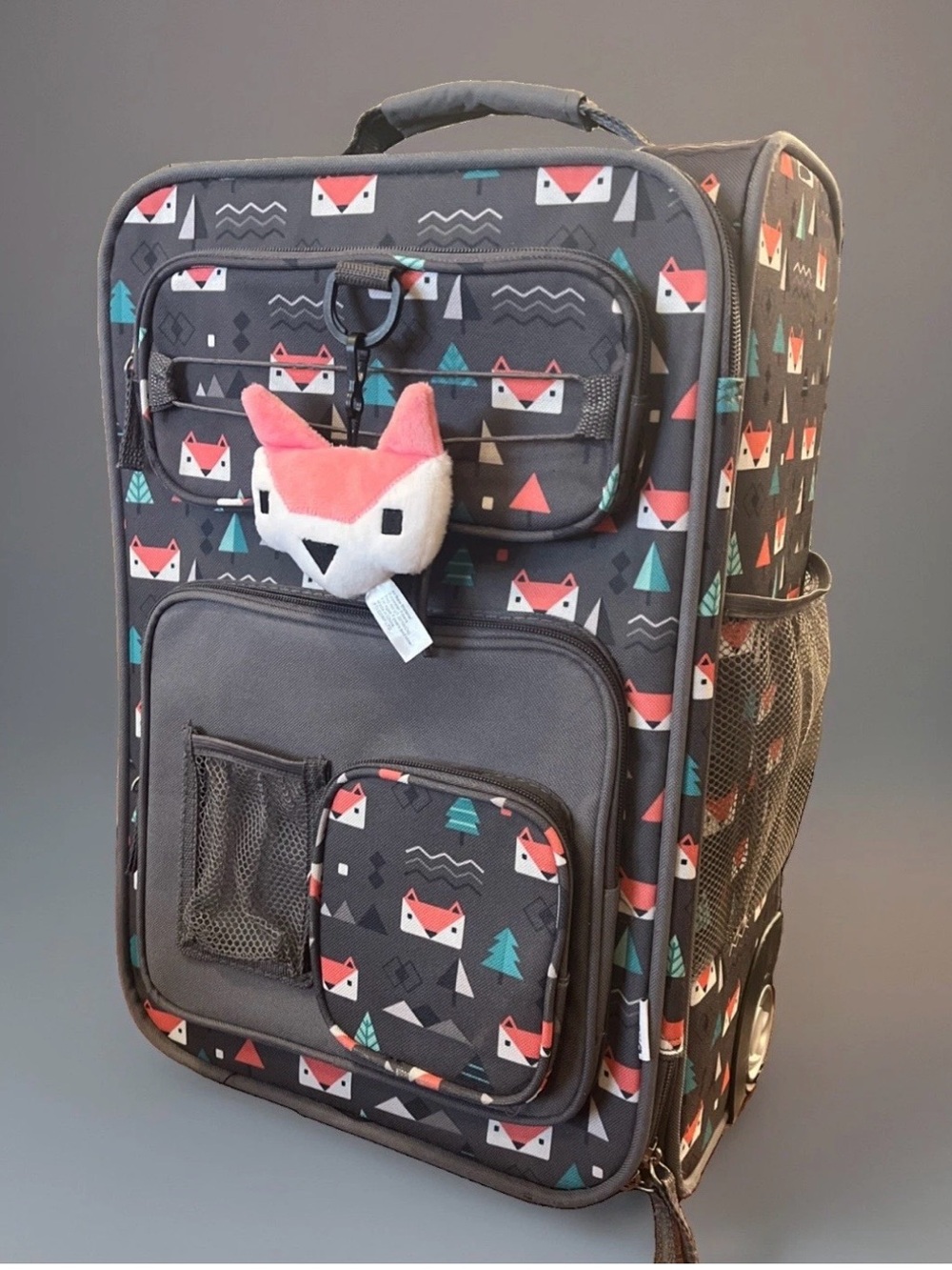 CRCKT Kids Fox Print Grey Rolling suitcase with Plush Fox Charm